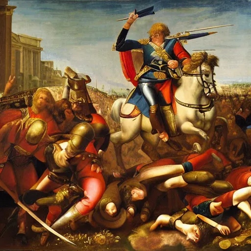 Image similar to a renaissance painting of napoleon's army and the roman army fighting.