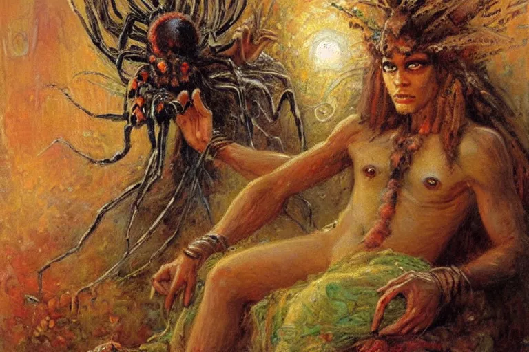 Prompt: portrait of the personification of anansi, the spider god. art by gaston bussiere.