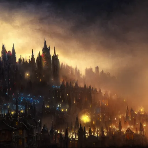 Image similar to fantasy dark medieval gothic cityscape on hill, painting, lights, darkness, lanterns, fog, people in the streets, small buildings, city wall, smoke, dark fantasy, magic the gathering, blue tint, detailed, sharp focus, hyperrealistic, fantastic artwork, 4 k, artstation, high fantasy, volumetric lighting, strong contrast, dark sky, far shot