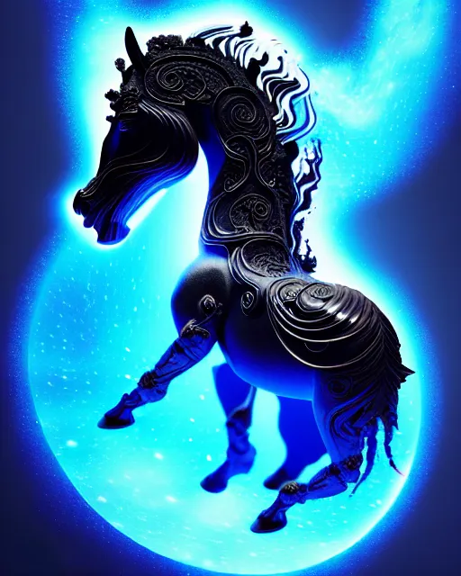 Image similar to 3 d ornate carved dark cosmic horse with profile portrait, sigma 5 0 0 mm f / 5. beautiful intricate highly detailed mongolian horse. bioluminescent, plasma, lava, ice, water, wind, creature, thunderstorm! artwork by tooth wu and wlop and beeple and greg rutkowski, 8 k trending on artstation