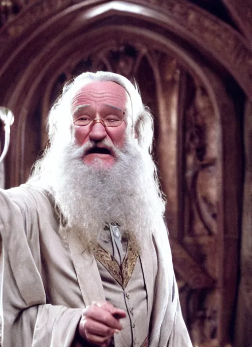 Prompt: film still of Robin Williams as Albus Dumbledore in Harry Potter and the Chambre of Secrets, 4k