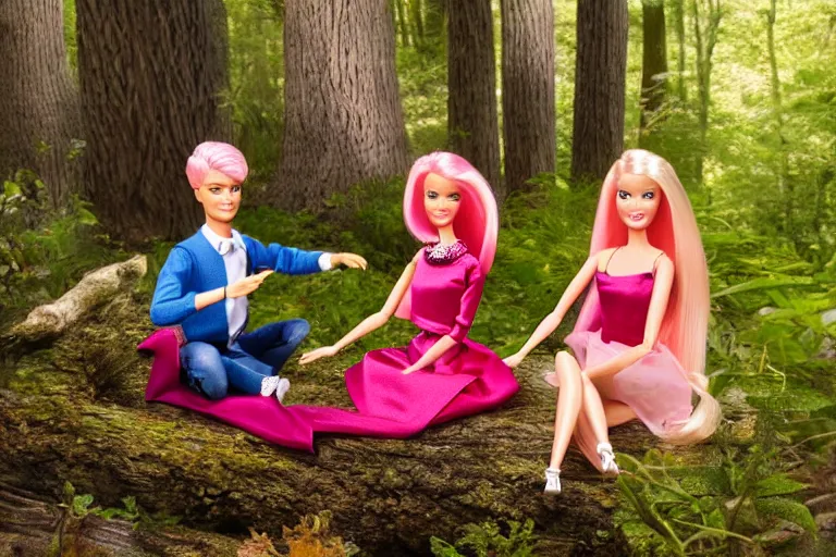 Prompt: Barbie and Ken sitting in the forest near the fireplace, Ken's face is melting, night, high-resolution photo,