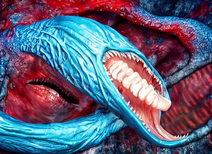 Image similar to a giant slimy creepy monster, very long slimy tongue, saliva, mouth inside a mouth, many long wet tongues, translucent skin, fangs, red glowing veins, thin blue arteries, cinematic colors, standing in shallow water, insanely detailed 8 k artistic photography, dramatic lighting