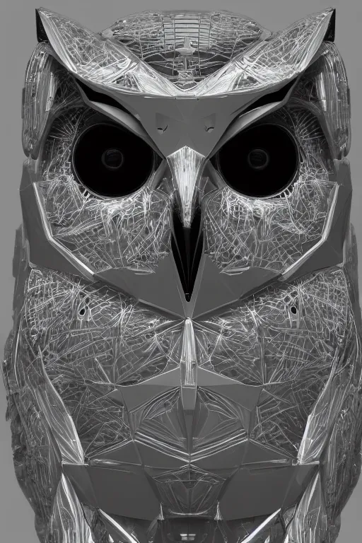 Image similar to cybernetic owl. portrait. complex shape. octane render. 8 k. monochrome. cinematic.