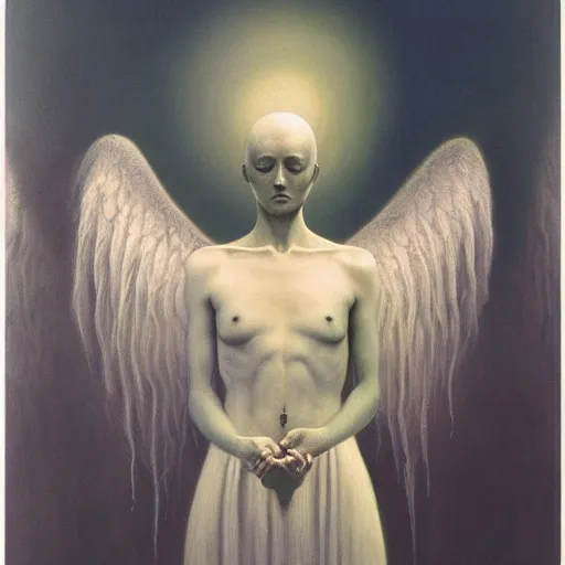 Image similar to angel by Zdzisław Beksiński, oil on canvas