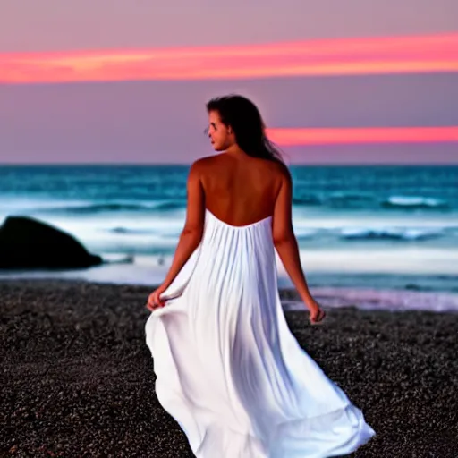 Prompt: a beautiful photograph of a woman in a white dress on the beach at sunset, by krysia lukkason