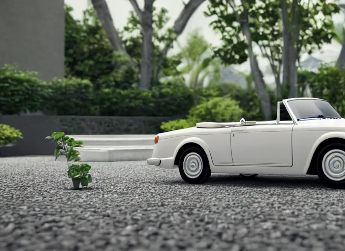 Image similar to a small miniature of a Rolls Royce Corniche Cabrio on a white table near a vase with a plant, 3d render, octane render, unreal engine 5, path tracing, serene landscape, calm, relaxing, beautiful landscape, highly detailed, high quality, 4k, symmetrical, low contrast