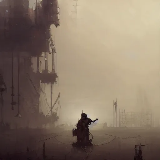 Image similar to gigantic steampunk machine, dense fog, trending on artstation, jakub rozalski