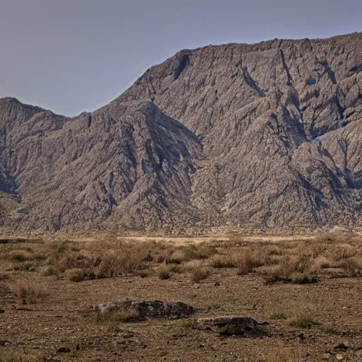 Prompt: paleozoic landscape, jurassic with sparse mountains,