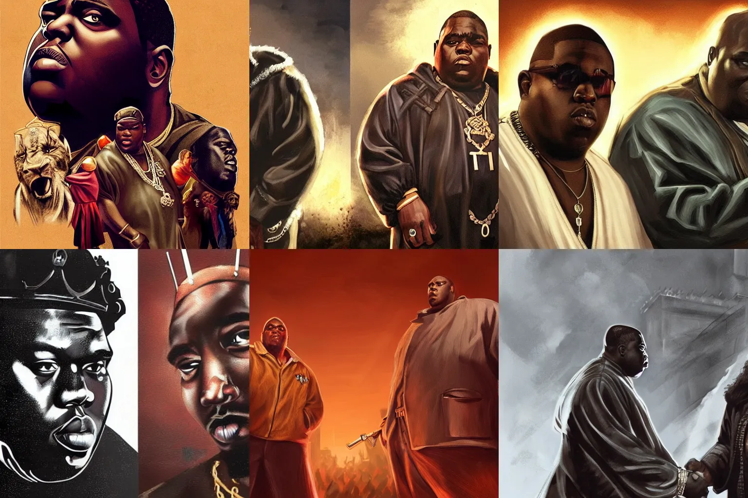 Prompt: Notorious BIG and Tupac in Game of Thrones, huge battle in background, trending on Artstation, concept art, smooth, sharp focus