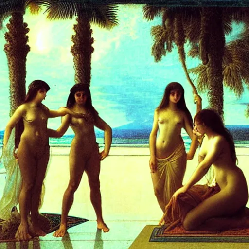 Prompt: Silhouette of four girl at the palace, thunderstorm, greek pool, beach and palm trees on the background major arcana sky, by paul delaroche, alphonse mucha and arnold böcklin arnold böcklin hyperrealistic 8k, very detailed