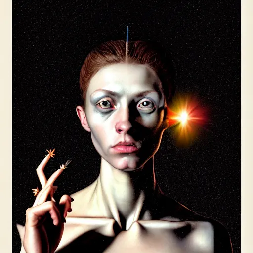 Image similar to Colour Caravaggio style Photography of Beautiful woman with highly detailed 1000 years old face wearing higly detailed sci-fi halo above head designed by Josan Gonzalez. Woman holding cigarette in between fingers , Many details . In style of Josan Gonzalez and Mike Winkelmann andgreg rutkowski and alphonse muchaand Caspar David Friedrich and Stephen Hickman and James Gurney and Hiromasa Ogura. volumetric natural light