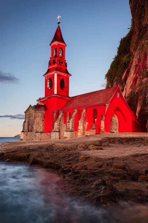 Image similar to buliding design by ricardo bofil, function is church ， red ， dusk seaside ， photography ， 8 k