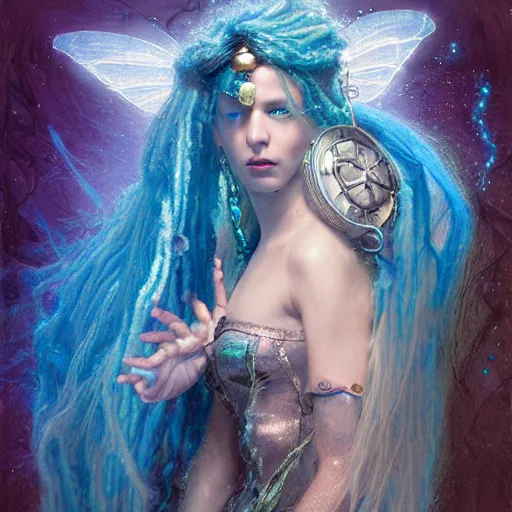 Prompt: techno mystic princess intergalactica, with aqua neon rapunzel dreadlocks, wearing labradorite full body armor, nautical siren mermaid with iridescent fairy wings, elf ears, by gaston bussiere, bayard wu, greg rutkowski, h. r. giger, maxim verehin, greg rutkowski, masterpiece, sharp focus,