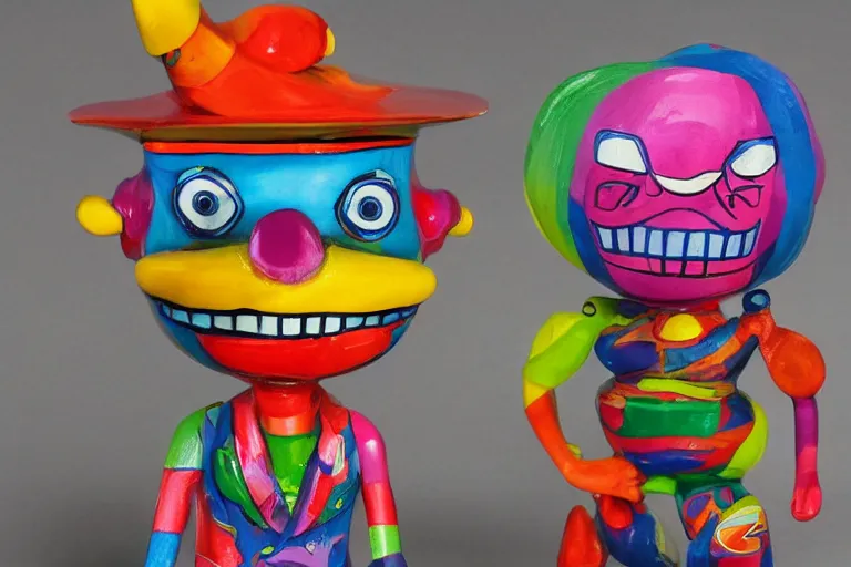 Prompt: cartoon psychedelic sculpture toy on display