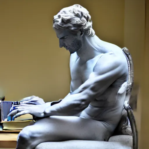 Image similar to a marble statue having trouble working on his laptop