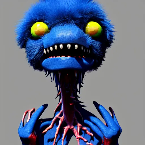 Image similar to blue creature with fur, a triangular shaped head, huge bright red lips, long sharp teeth, beady black eyes, spindly limbs, photorealistic, 3 d model, unreal engine, 4 k, artstation, trending