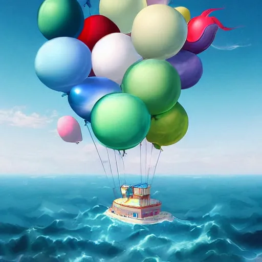 Image similar to digital art of plenty of giant birthday balloons floating above the sea. artstation cgsociety masterpiece