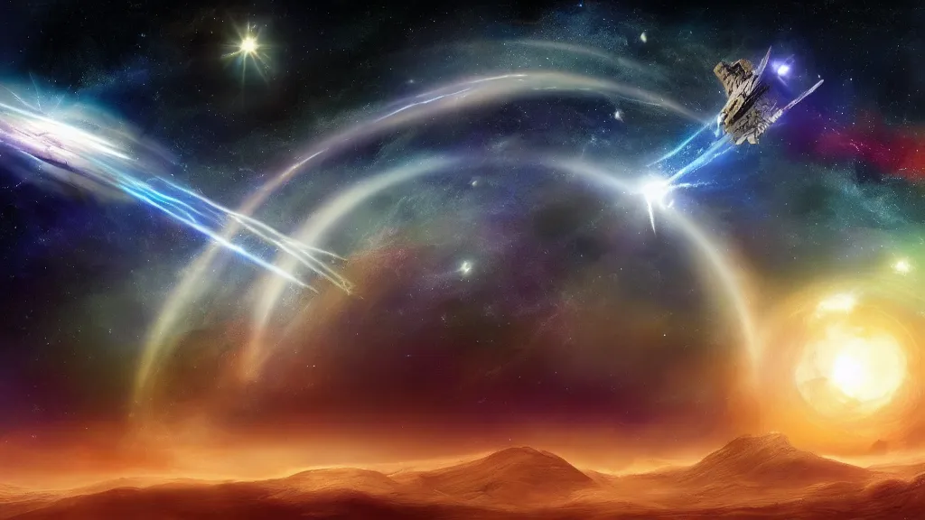 Prompt: fantasy outer space with distant spaceship trails wallpaper