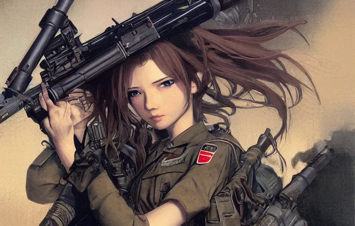 Prompt: infantry girl, soldier using rocket launcher, smoke, anime style, long hair, hair down, symmetrical facial features, from girls frontline, hyper realistic, pale skin, rule of thirds, extreme detail, 4 k, detailed drawing, trending artstation, hd, trading card, by alphonse mucha, greg rutkowski, sharp focus, backlit