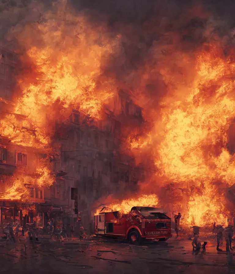 Image similar to a beautiful hyperrealistic detailed 3D render of a firey riot, by Anton Otto Fischer, Atey Ghailan, genzoman, unreal engine, octane render, gigantic, 3D, brilliantly coloured, intricate, ultra wide angle, trending on artstation, embers, smoke, dust, dusk, volumetric lighting, HDR, polished, micro details, ray tracing, 8k