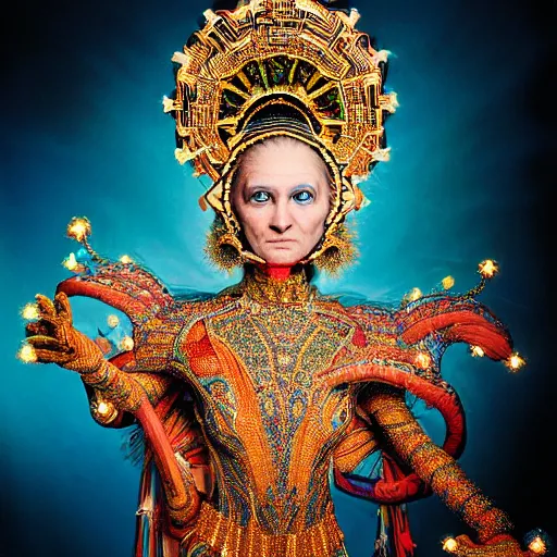 Image similar to uhd photorealisitc inspiring photo of a cosmic piccolo powered up. intricate details. ornate costume. glowing, powering up. hyperdetailed, accurate, global lighting. accurate face. symmetrical face. correct face. photo by annie leibowitz and steve mccurry