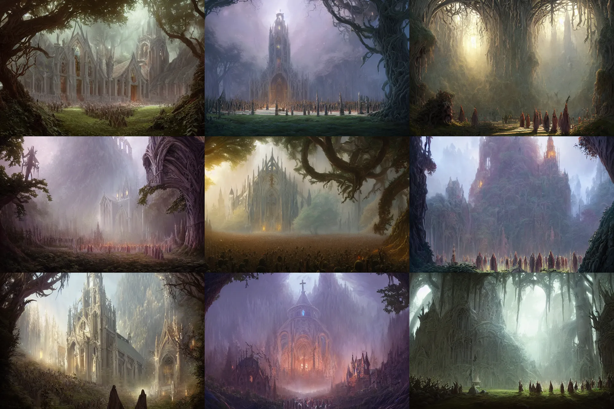 Prompt: forest of spirits singing to the church bells below, D&D, fantasy, intricate, elegant, highly detailed, digital painting, epic wide shot, artstation, concept art, matte, sharp focus, illustration, art by Noah Bradley and Scott M Fischer and Greg Rutkowski and John Avon