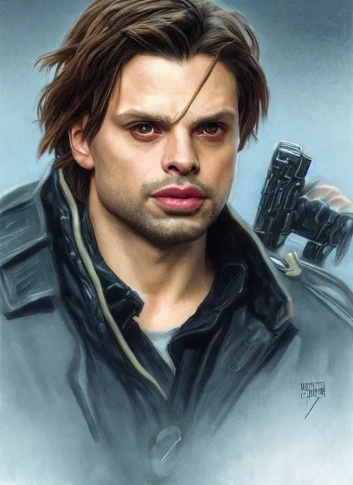 Prompt: sebastian stan as the winter soldier, close up of beautiful highly detailed face. painted by artgerm and greg rutkowski and alphonse mucha