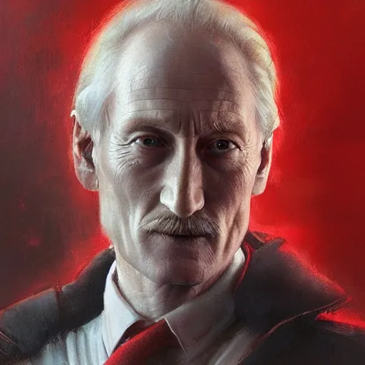 Image similar to portrait of a man by greg rutkowski, he looks like charles dance, star wars expanded universe, he is about 7 0 years old, wearing white and red chancellor clothes of the galactic triunvirate.