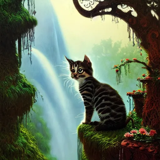 Image similar to painting of one kitten in the enchanted forest standing on the steps and watching the waterfall, fantasy, intricate, extremely detailed, matte, featured in artstation, art by louis wain, greg rutkowski