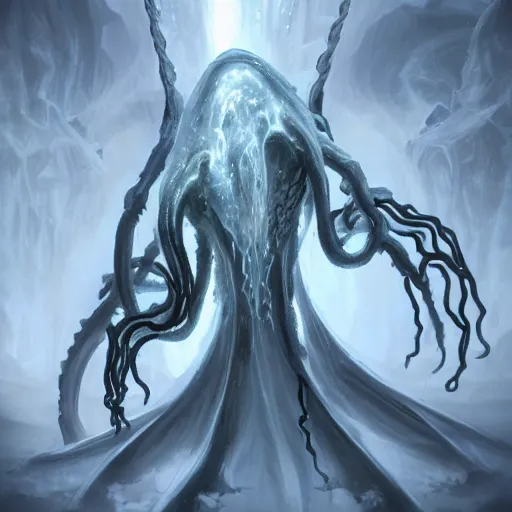 Image similar to concept designs for an end game boss that is an ethereal obsidian ghostly wraith like figure with a squid like parasite latched onto its head and long tentacle arms that flow lazily but gracefully at its sides like a cloak and chains rattling at its sides while it floats around a frozen rocky tundra in the snow searching for lost souls and that hides amongst the shadows in the trees, this character has hydrokinesis and electrokinesis for silent hill video game and inspired by the resident evil game franchise