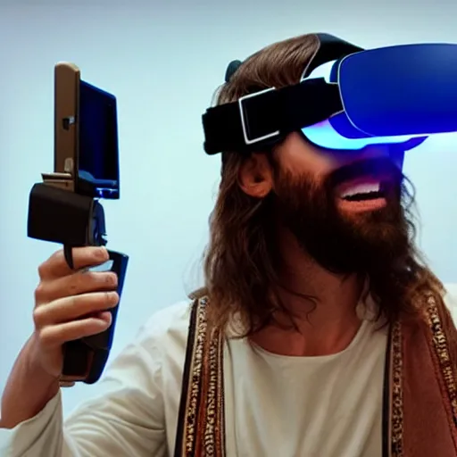 Image similar to jesus wearing a vr headset