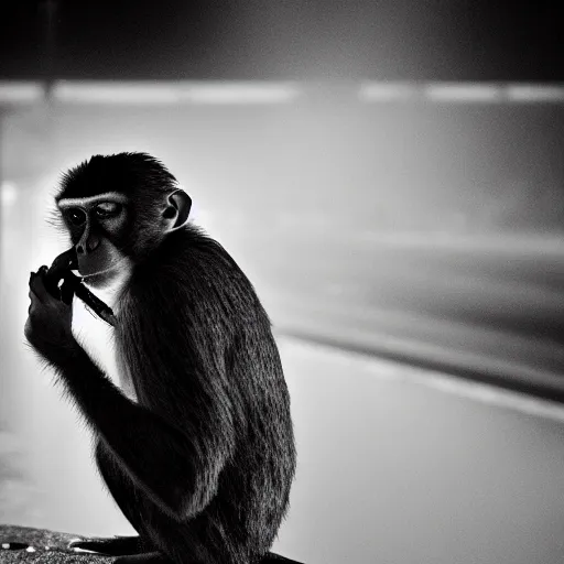 Image similar to contre - jour photo of a monkey smoking a cigarette on a bridge at night under rain, lightened by street lamps, award winning photography