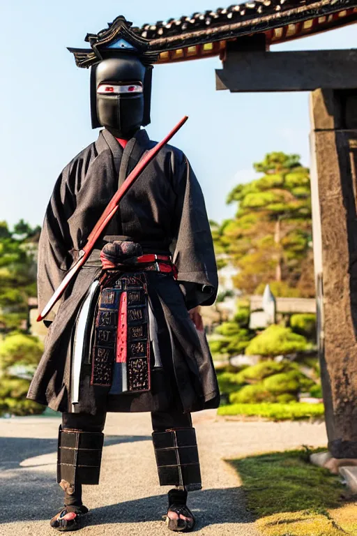 Image similar to a godlike and indomitable masked and helmeted samurai posing with their katana before a Torii gate with pride, the rising sun in the background. Photo realistic. Award winning