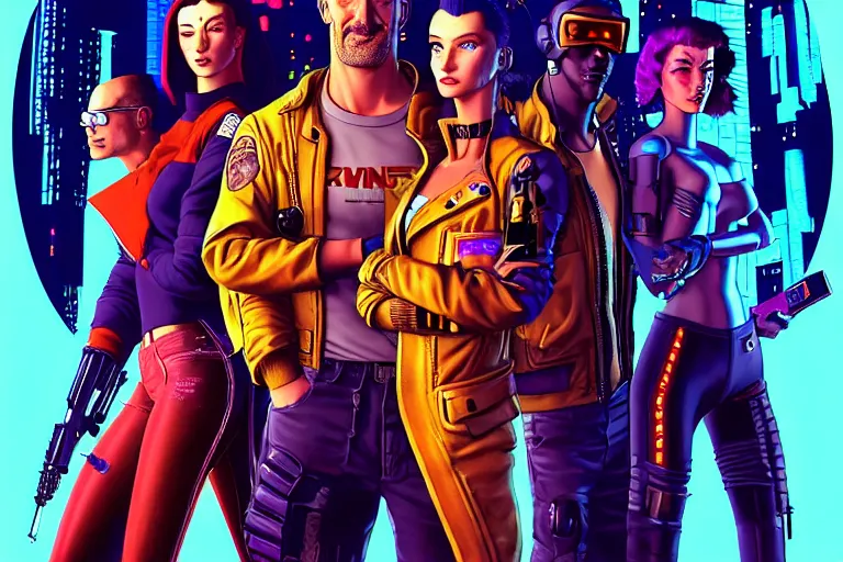 Image similar to cyberpunk heist crew. portrait by stonehouse and mœbius and will eisner and gil elvgren and pixar. character design. realistic proportions. dystopian. cyberpunk 2 0 7 7, apex, blade runner 2 0 4 9 concept art. cel shading. attractive face. thick lines. hi def 4 k. the team. detailed characters.