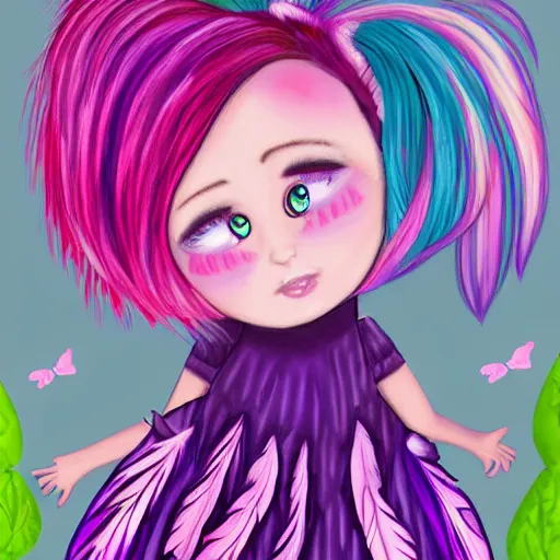 Image similar to little girl with eccentric pink hair wearing a dress mada of purple feather, artwork made by dcwj