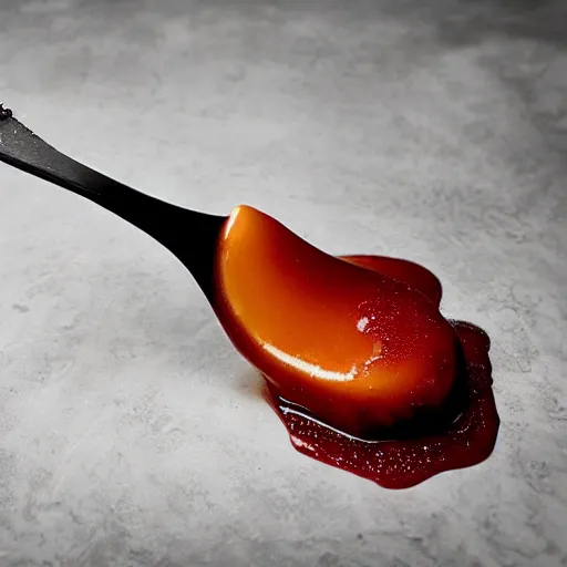 Image similar to beautiful viscous honey dripping on fork made of crimson - black metal, hyper realistic, award winning slow - motion food photography