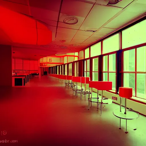 Image similar to noisy color photograph of a retrofuturist liminal space, laboratory, red lights, minimalist, cinematic, soft vintage glow