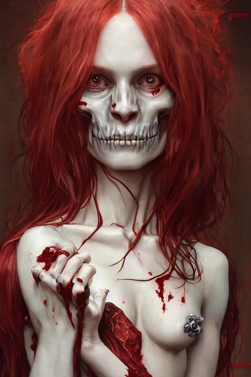 Prompt: pale woman with skeleton body covered with blood, long red hair, pretty face, ultra realistic, concept art, intricate details, highly detailed, photorealistic, octane render, 8 k, unreal engine. art by artgerm and greg rutkowski and alphonse mucha