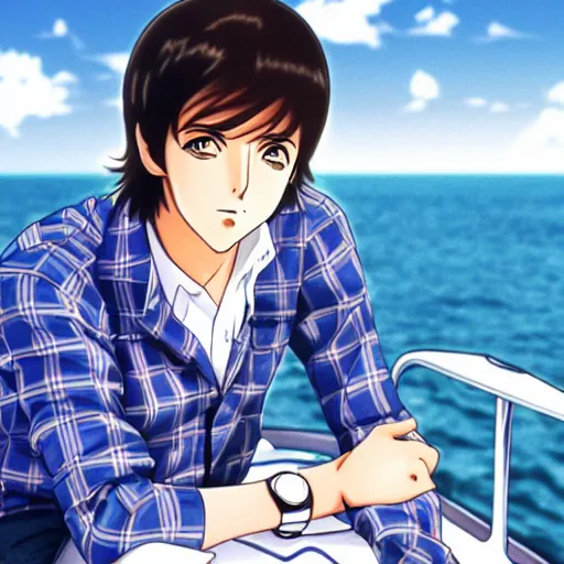 Image similar to anime illustration of young Paul McCartney from the Beatles, wearing a blue and white check shirt, on a yacht at sea, relaxing and smiling at camera, white clouds, ufotable