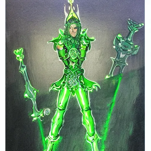 Image similar to Oil painting concept art of a magical acid sword glowing bright green, very intricate hilt, green color scheme, highly detailed concept art.