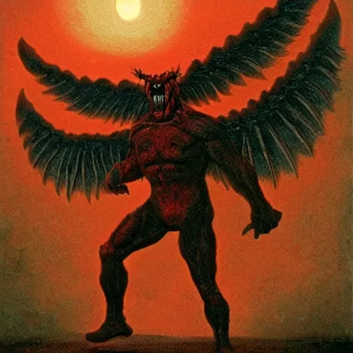 Image similar to Experimental art. a large, muscular demon-like creature with wings, standing in a dark, hellish landscape. The creature has red eyes and sharp teeth, and is holding a large sword in one hand. carmine by Quint Buchholz tender