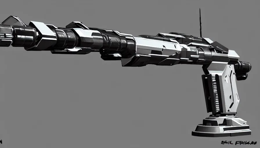 Prompt: extremely detailed realistic side view of a sci fi bullpup laser gatling gun, detailed trigger, chemically propelled, massive battery, smooth streamline, battery and wires, railgun, vulkan l, gauss, elegant sleek smooth body, white paint, smooth utopian design, ultra high quality, minimalist, octane, cod, destiny, warframe, terminator