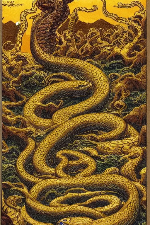 Image similar to A snake god the size of a city, with a gleaming crown of gold. The snake is crying a waterfall into a lake.