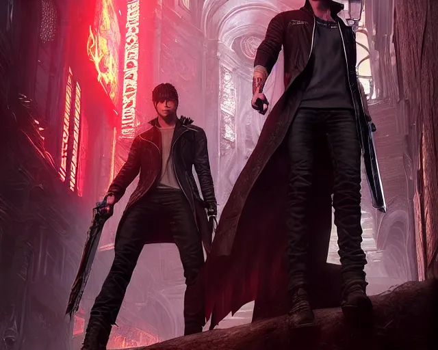 Image similar to highly detailed portrait of jensen ackles as dante, in devil may cry 5, stephen bliss, unreal engine, fantasy art by greg rutkowski, loish, rhads, ferdinand knab, makoto shinkai and lois van baarle, ilya kuvshinov, rossdraws, tom bagshaw, global illumination, radiant light, detailed and intricate environment