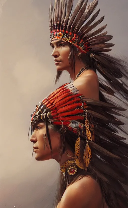 Image similar to gorgeous redskin woman wearing headdress, intricate, elegant, highly detailed, artstation, concept art, smooth, sharp focus, illustration, art by stefan kostic and greg rutkowski