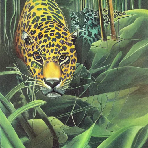 Image similar to intense jaguar in a dark misty jungle, by Salvador Dali