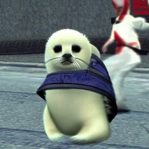 Image similar to baby harp seal dressed as a ninja in japan gta 4