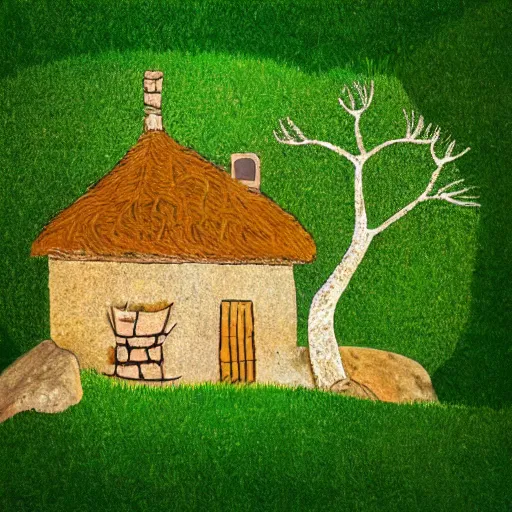 Prompt: a cave drawing of a beautiful cottage, with a lush grass lawn, featuring a tree in the style a cave drawing on a cave wall