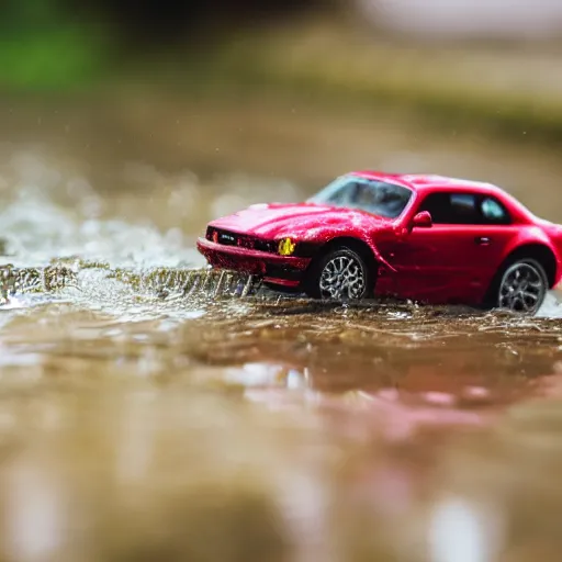 Image similar to macro photography of a toy hot wheels car driving through a creek in the rain, 3 5 mm